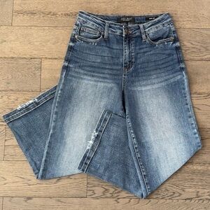 Judy Blue Distressed Hem High Rise Wide Leg Cropped Ankle Jeans